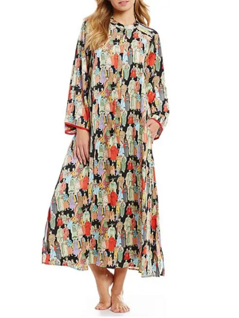 Natori Dynasty Crowded City Satin Zip Caftan Mandarin Collar Small